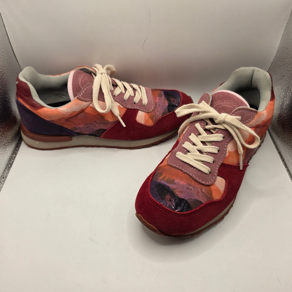 Inkkas Low Top Sneakers Sunset Mountain Print Burgundy Suede Womens 9 Mens 7